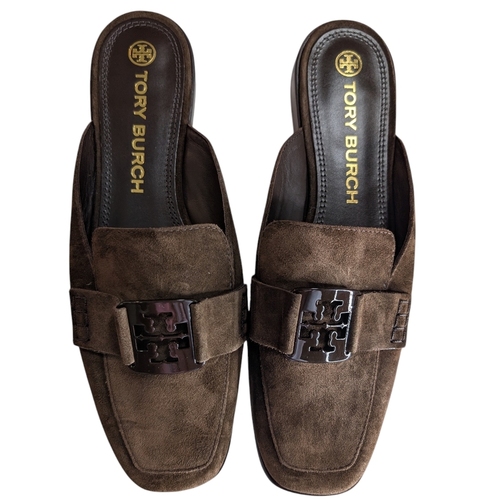 Tory Burch Brown Suede Logo Buckle Mules